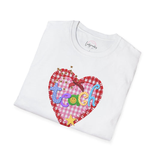 Teach Patchwork Shirt | Pink Gingham Teacher Tee | Whimsical Coquette Teacher Shirt | Scrapbook Style Graphic Tee | Cute Retro Teacher Shirt