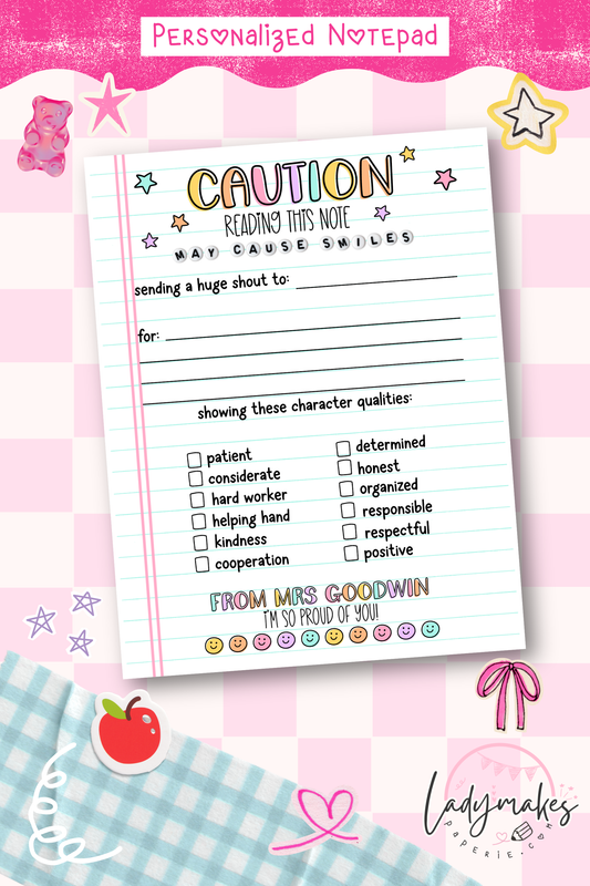 Personalized Student Shout Out Notepad | Teacher Reward Notes Pad | Classroom Recognition Slips | Positive Behavior Notes | Custom Teacher Name Pad