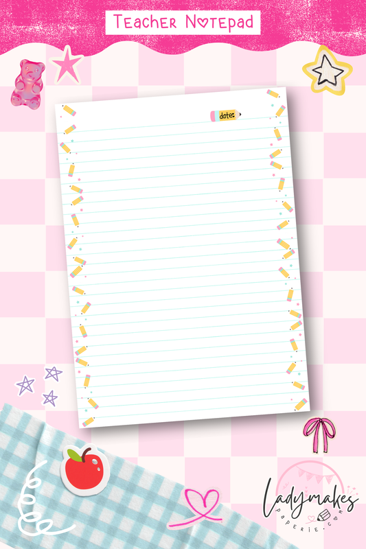 Teacher Notepad with Date | Pencil Border Notepad | Classroom Notes Pad | Lined Teacher Stationery | Cute School Notepad 5x7