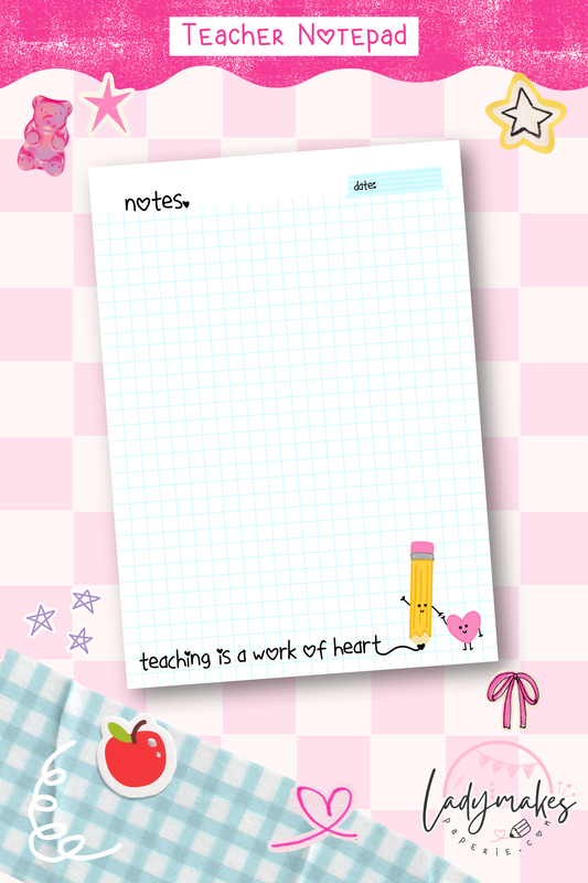 Teaching Is a Work of Heart Notepad | Teacher Quote Notepad | Grid Notes Pad | Cute Teacher Stationery | Classroom Notes Pad 5x7
