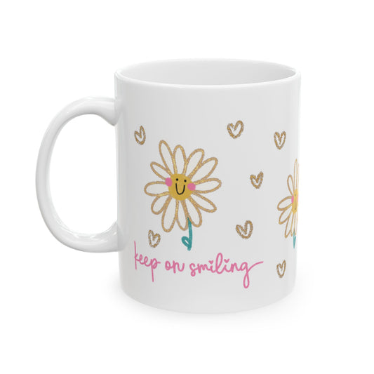 Cute Daisy Ceramic Mug — "Keep on Smiling" Floral Coffee Cup (11oz & 15oz)
