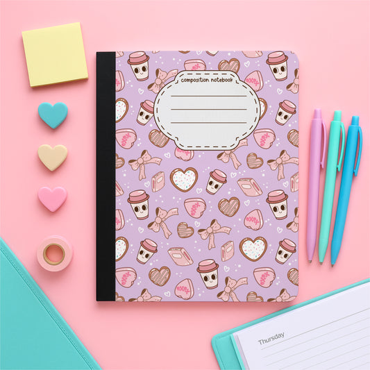Books & Bows Composition Notebook | Cute Bookish Notebook | Coffee and Coquette Aesthetic