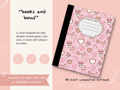 Books & Bows Composition Notebook | Cute Bookish Notebook | Coffee and Coquette Aesthetic