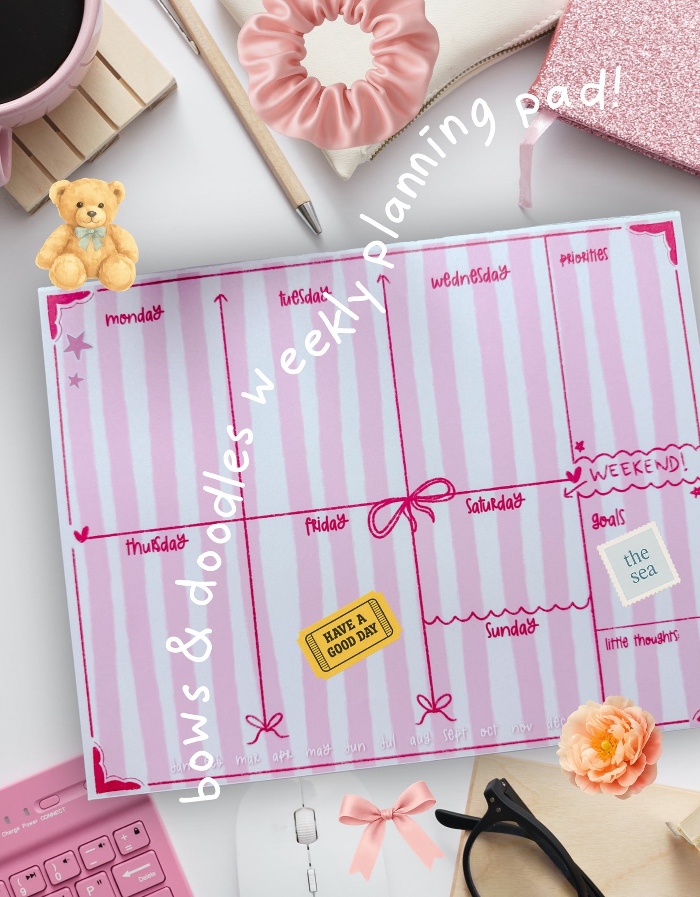 Cute Weekly Planner Notepad | Pink Bow Aesthetic Desk Pad | Coquette Weekly Planning Pad | Tear Away Planner | Pretty Desk Organizer
