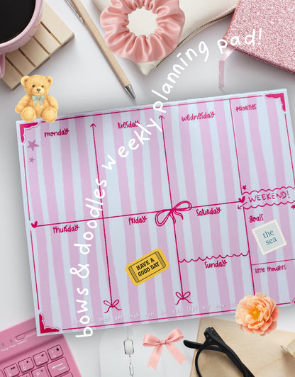 Cute Weekly Planner Notepad | Pink Bow Aesthetic Desk Pad | Coquette Weekly Planning Pad | Tear Away Planner | Pretty Desk Organizer