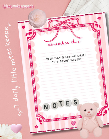 Cute Notes Notepad | Pink Bow Memo Pad | “Remember This” Notepad | Coquette Stationery | Pretty Desk Notes | 5x7 Notepad