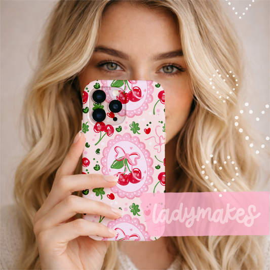 Sweet Luck | Coquette Cherries & Bows Lucky Clovers Slim Phone Case | St Pattys