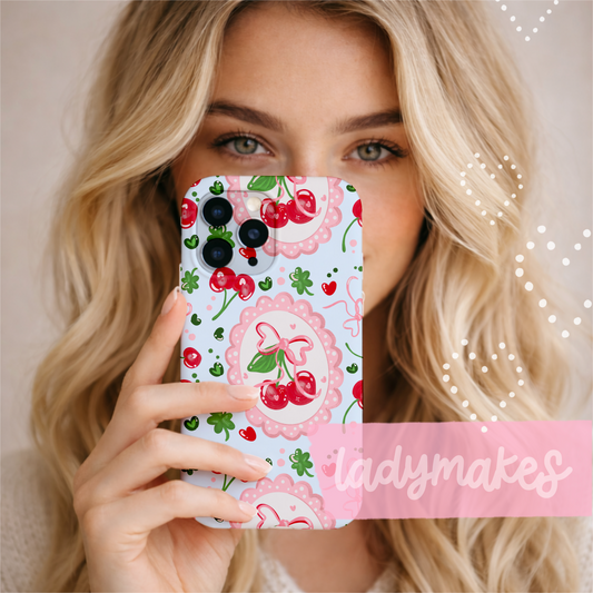 Sweet Luck Blue | Coquette Cherries & Bows Lucky Clovers Slim Phone Case | St Pattys