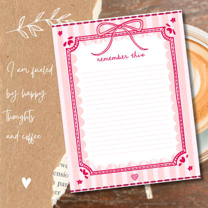 Cute Notes Notepad | Pink Bow Memo Pad | “Remember This” Notepad | Coquette Stationery | Pretty Desk Notes | 5x7 Notepad