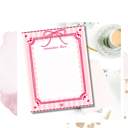 Cute Notes Notepad | Pink Bow Memo Pad | “Remember This” Notepad | Coquette Stationery | Pretty Desk Notes | 5x7 Notepad