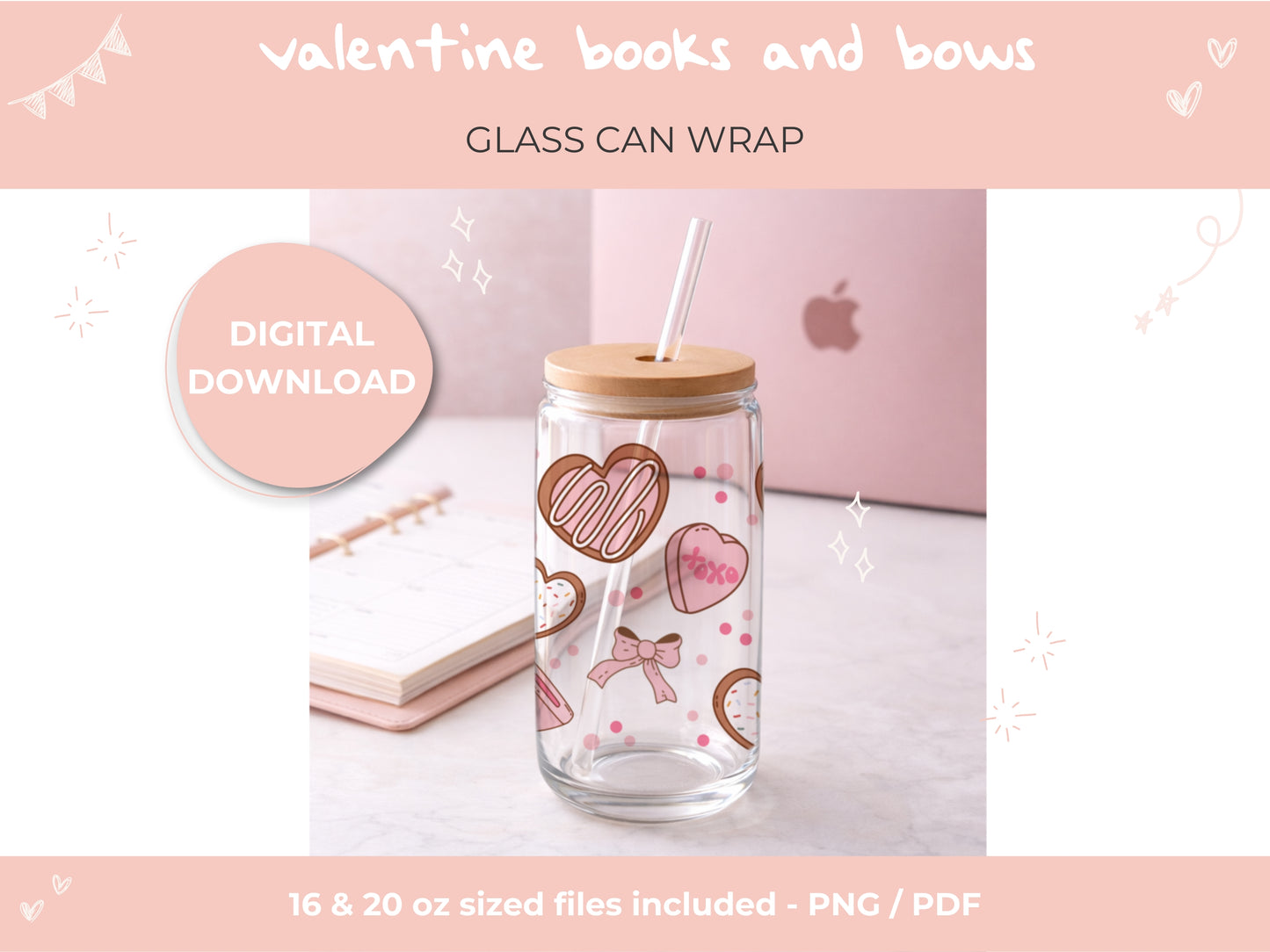 Valentine Books & Bows Glass Can Wrap | 16oz, 20oz Glass Can PNG