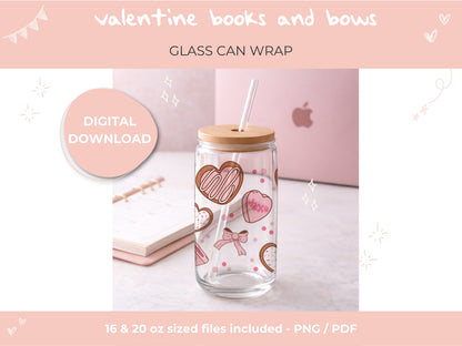 Valentine Books & Bows Glass Can Wrap | 16oz, 20oz Glass Can PNG