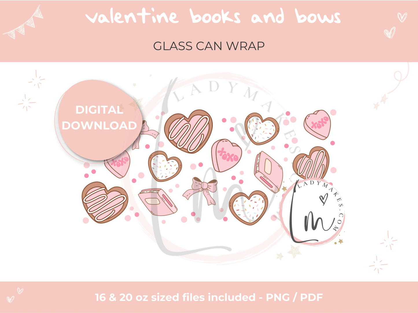 Valentine Books & Bows Glass Can Wrap | 16oz, 20oz Glass Can PNG