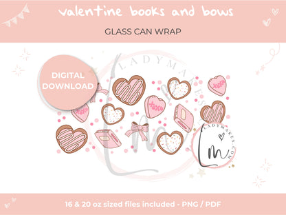Valentine Books & Bows Glass Can Wrap | 16oz, 20oz Glass Can PNG