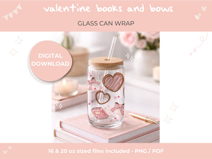 Valentine Books & Bows Glass Can Wrap | 16oz, 20oz Glass Can PNG